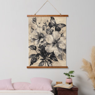 Rustic Flowers and Butterfly - Aged Paper (4) Hanging Tapestry