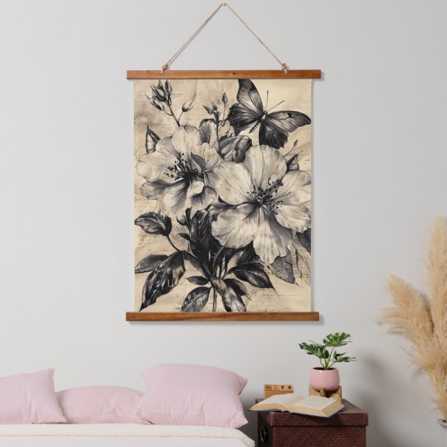 Rustic Flowers and Butterfly - Aged Paper (4) Hanging Tapestry (Bedroom)