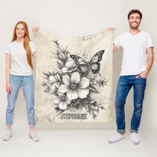 Rustic Flowers and Butterfly - Aged Paper (5) Fleece Blanket