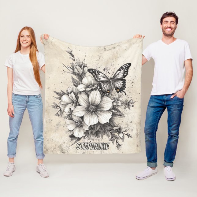 Rustic Flowers and Butterfly - Aged Paper (5) Fleece Blanket (In Situ)