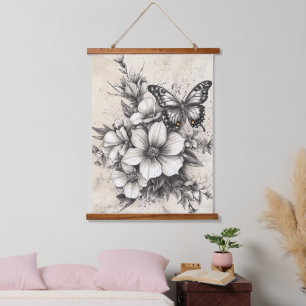 Rustic Flowers and Butterfly - Aged Paper (5) Hanging Tapestry