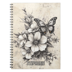 Rustic Flowers and Butterfly - Aged Paper (5) Notebook