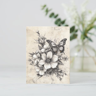 Rustic Flowers and Butterfly - Aged Paper (5) Postcard