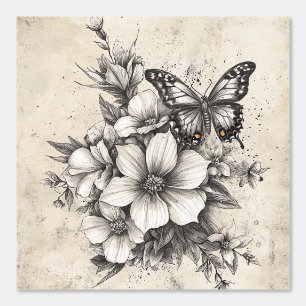 Rustic Flowers and Butterfly - Aged Paper (5) Wallpaper