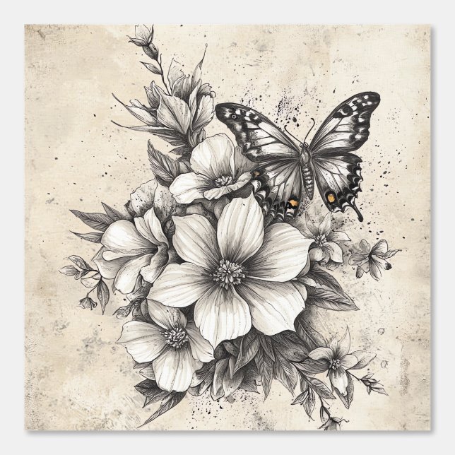 Rustic Flowers and Butterfly - Aged Paper (5) Wallpaper (Front)