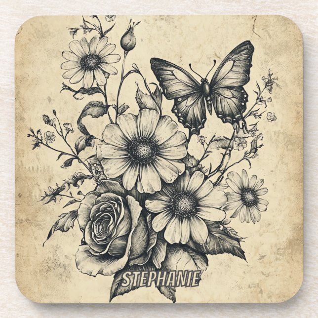 Rustic Flowers and Butterfly - Aged Paper (6) Coaster (Front)