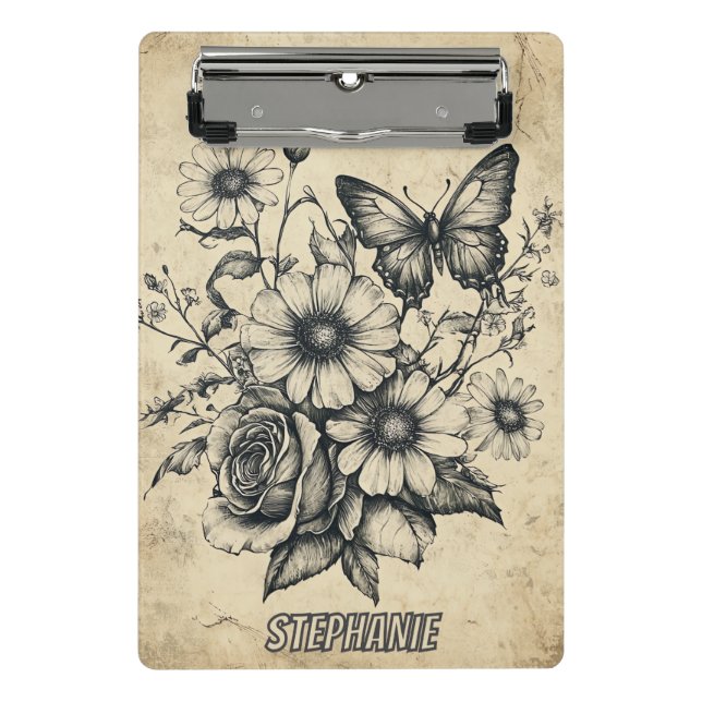 Rustic Flowers and Butterfly - Aged Paper (6) Mini Clipboard (Front)