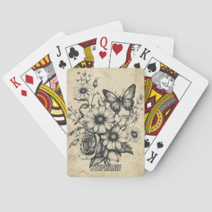 Rustic Flowers and Butterfly - Aged Paper (6) Playing Cards