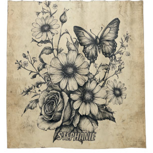 Rustic Flowers and Butterfly - Aged Paper (6) Shower Curtain