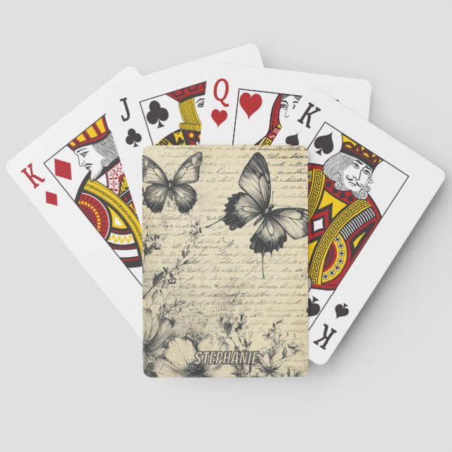 Rustic Flowers and Butterfly - Aged Paper (7) Playing Cards (Back)