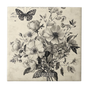 Rustic Flowers and Butterfly - Aged Paper (8) Tile