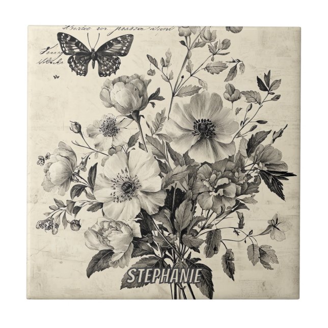Rustic Flowers and Butterfly - Aged Paper (8) Tile (Front)