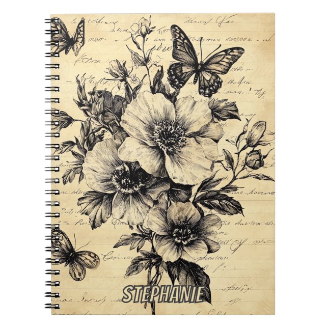 Rustic Flowers and Butterfly - Aged Paper (9) Notebook (Front)