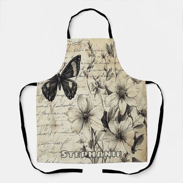 Rustic Flowers and Butterfly - Aged Paper Apron (Front)