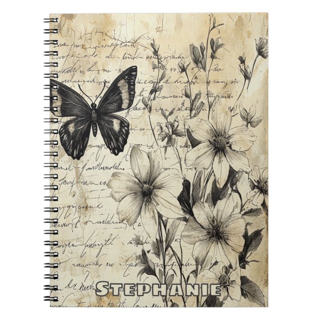 Rustic Flowers and Butterfly - Aged Paper Notebook (Front)