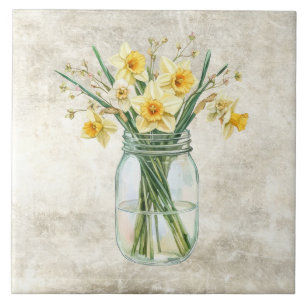 Rustic Flowers Daffodils in Vintage Jar  Tile