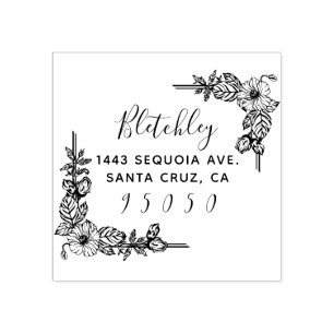 Rustic Flowers & Elegant Script Return Address Rubber Stamp