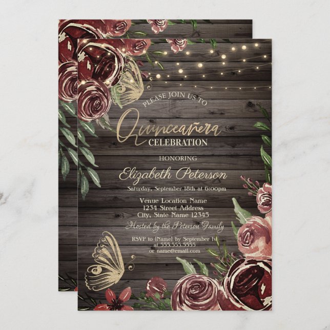 Rustic Flowers Glitter Butterflies Wood Invitation (Front/Back)