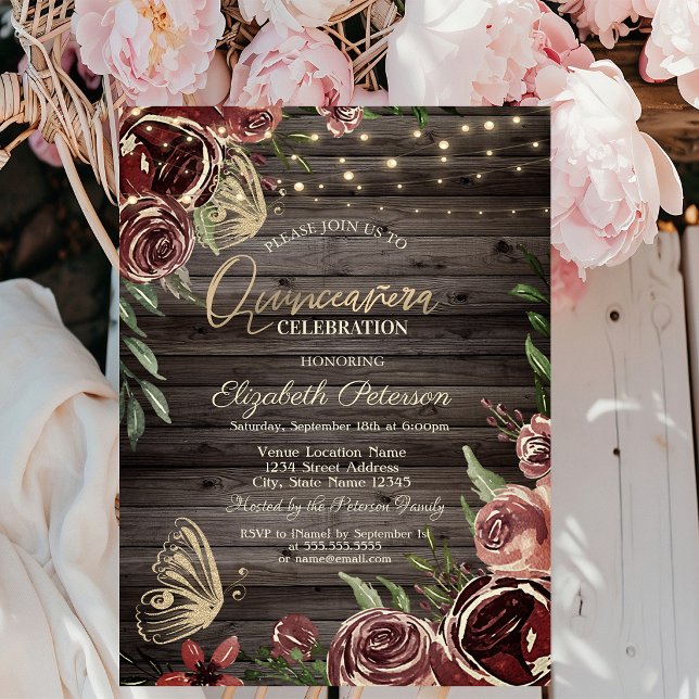 Rustic Flowers Glitter Butterflies Wood Invitation (Creator Uploaded)
