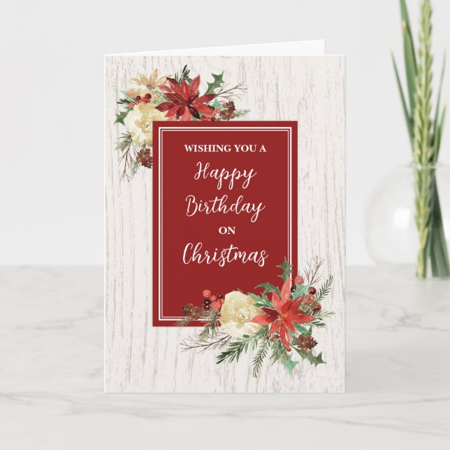 Rustic Flowers Happy Birthday on Christmas Card (Front)