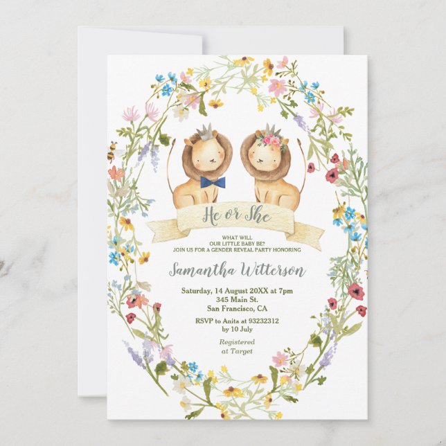 Rustic Flowers He or She Lion Gender Reveal  Invitation (Front)