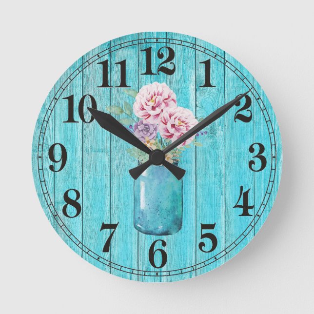 Rustic Flowers in Mason Round Wall Clock (Front)