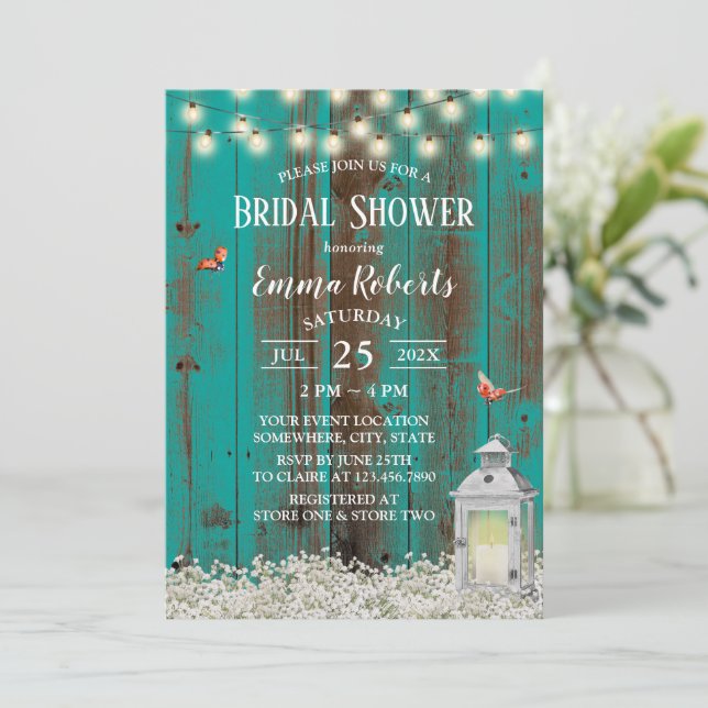 Rustic Flowers & Lantern Teal Wood Bridal Shower Invitation (Standing Front)