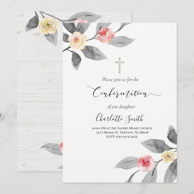 rustic flowers on wood Confirmation Invitation (Front/Back)