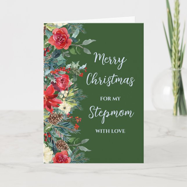 Rustic Flowers Stepmom Merry Christmas Card (Front)