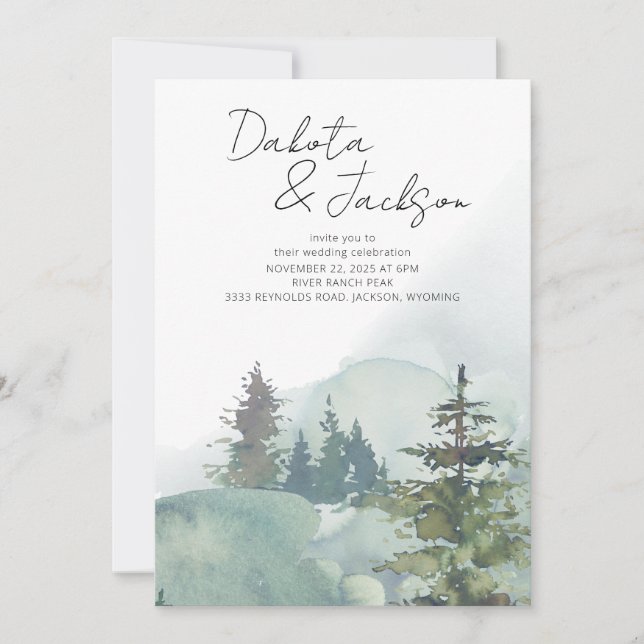 Rustic Foggy Forest Mountain Destination Wedding Invitation (Front)