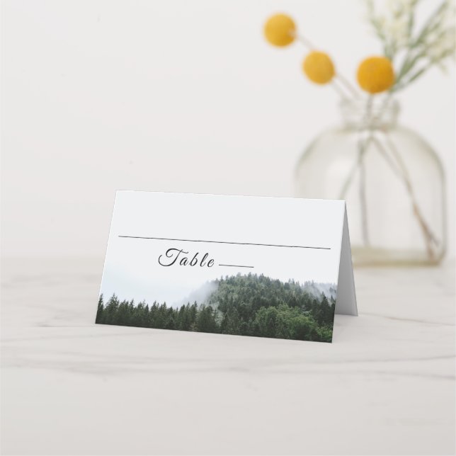 Rustic Foggy Pine Trees Rain Forest Wedding Place Card (Front)