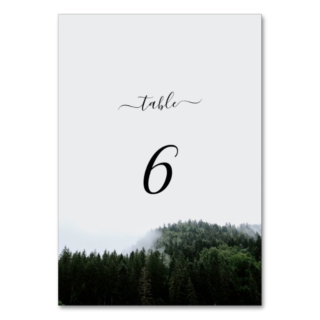 Rustic Foggy Pine Trees Rain Forest Wedding  Table Number (Front)