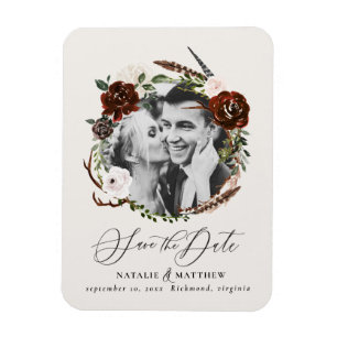 Rustic foliag, burgundy floral photo wedding magnet