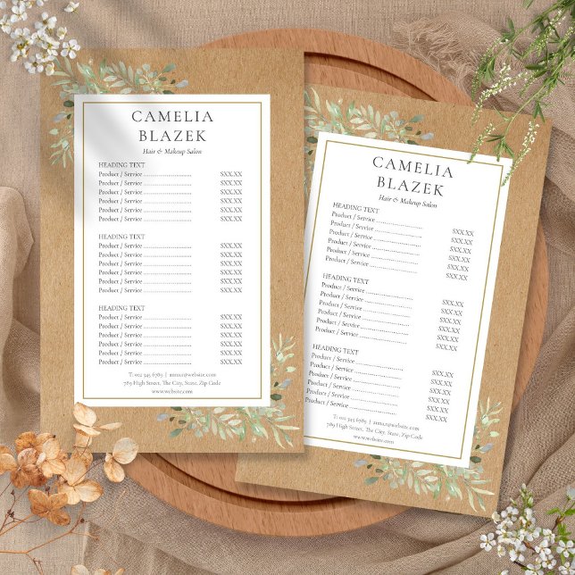 Rustic Foliage 2 Sided Service Menu Price List (Rustic Foliage 2 Sided Service Menu Price List Flyer)