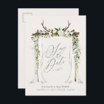 Rustic foliage botanical wedding save the date announcement postcard<br><div class="desc">Rustic wedding foliage botanical canopy save the date invite. With beautiful watercolor foliage,  white florals,  antlers,  sheer curtains and script hand writing. This modern wedding save the date is sure to set the style for your upcoming marrage.</div>