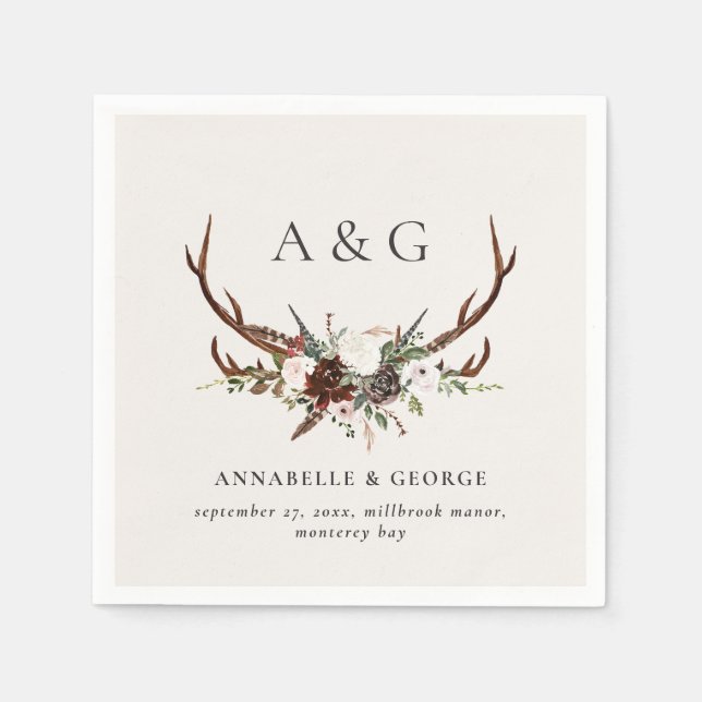 Rustic foliage, floral and stag wedding details na napkin (Front)