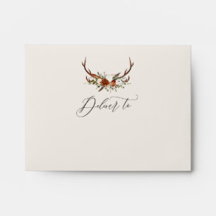 Rustic foliage, floral and stag wedding envelope