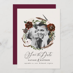 Rustic foliage, stag burgundy barn save the date 