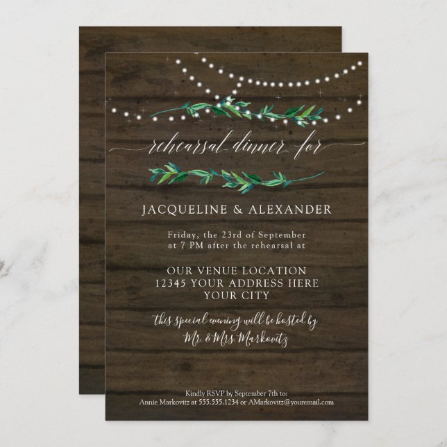 Rustic Foliage Twinkle Fairy Lights Dark Barn Wood Invitation (Front/Back)