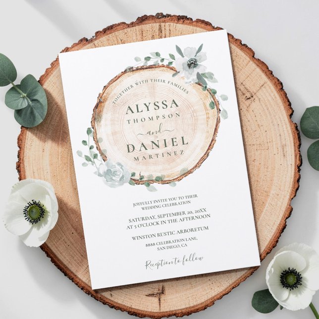 Rustic Foliage Watercolor botanical wedding Invitation (Rustic wedding woodland foliage,  wood cut slice with greenery botanical eucalyptus and flowers )