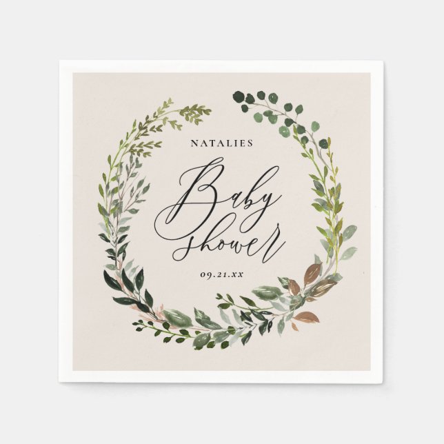Rustic foliage wreath baby shower party napkin (Front)