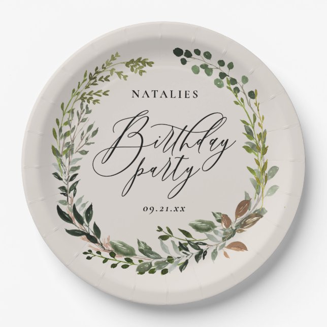 Rustic foliage wreath birthday party paper plate (Front)