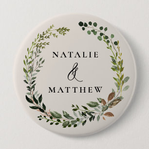 Rustic foliage wreath fall winter wedding party 10 cm round badge