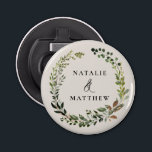 Rustic foliage wreath fall winter wedding party bottle opener<br><div class="desc">Rustic foliage wreath couples name wedding party design. With beautiful watercolor foliage,  white florals and script hand writing. This modern design is sure to set the style for your upcoming party.</div>