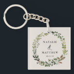 Rustic foliage wreath fall winter wedding party key ring<br><div class="desc">Rustic foliage wreath couples name wedding party design. With beautiful watercolor foliage,  white florals and script hand writing. This modern design is sure to set the style for your upcoming party.</div>