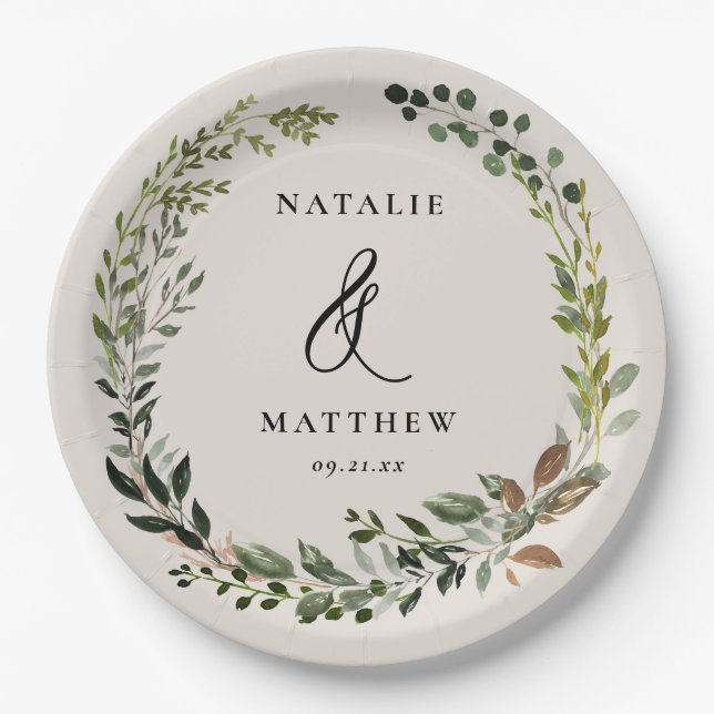 Rustic foliage wreath fall winter wedding party paper plate (Front)
