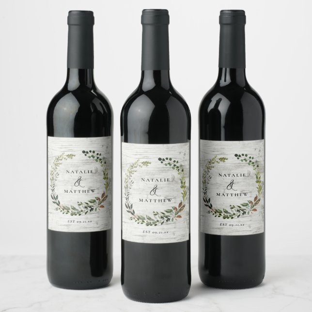 Rustic foliage wreath fall winter wedding party wi wine label (Bottles)