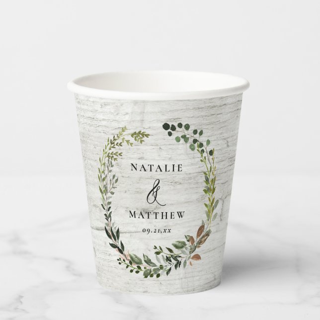 rustic foliage wreath farmhouse wedding party pape paper cups (Front)