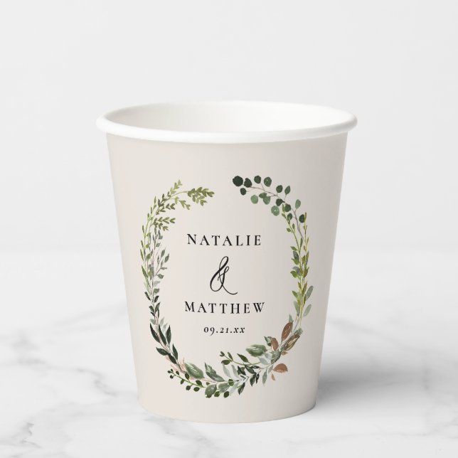 rustic foliage wreath farmhouse wedding party paper cups (Front)