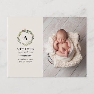 Rustic foliage wreath photo birth announcement postcard